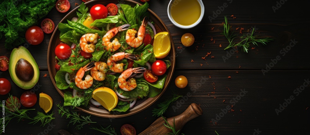 Healthy food Avocado shrimp mango salad with lettuce cherry tomatoes herbs olive oil lemon dressing With copyspace for text