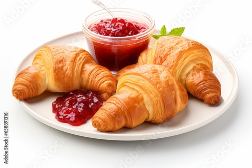 Croissant with jam on the plate isolated on white background generative ai photo