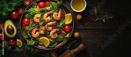 Healthy food Avocado shrimp mango salad with lettuce cherry tomatoes herbs olive oil lemon dressing With copyspace for text © 2rogan