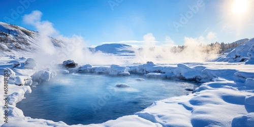 a body of water with snow and steam coming out of it