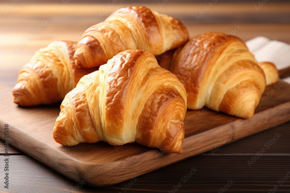 a group of croissants on a wooden board