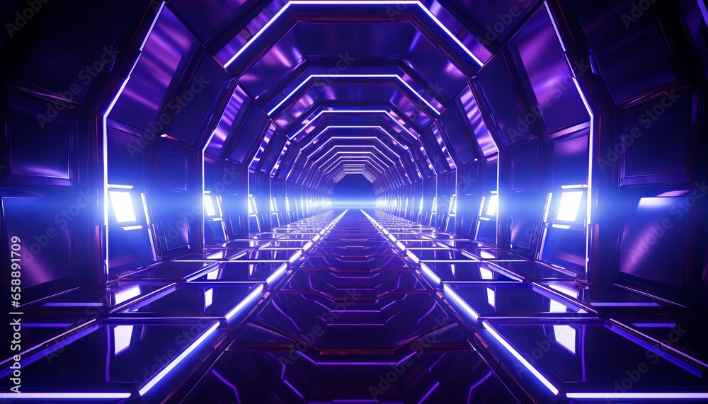 Ultraviolet neon light tunnel with hexagon frames and a hexagonal portal at the end Ultraviolet neon light tunnel with hexagon frames and a hexagonal portal at the end