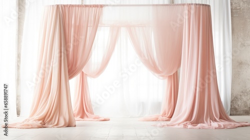 a pink curtains on a white floor