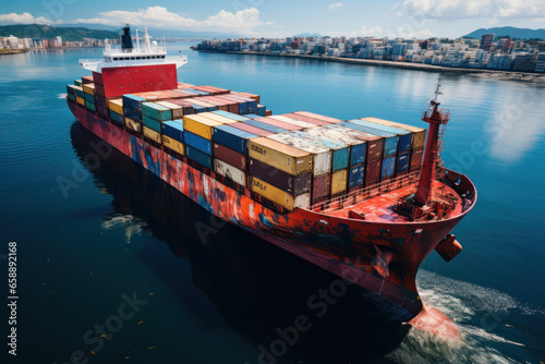  Realistic image of a cargo ship on blue waters with containers of different colors, with a top view.Ai generative