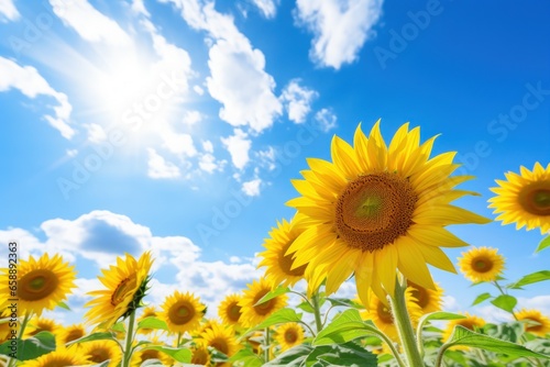 a field of sunflowers under a blue sky
