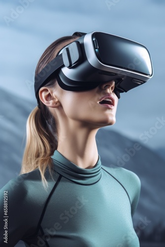 a woman wearing a virtual reality goggles