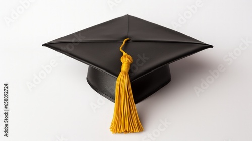 a black graduation cap with a yellow tassel