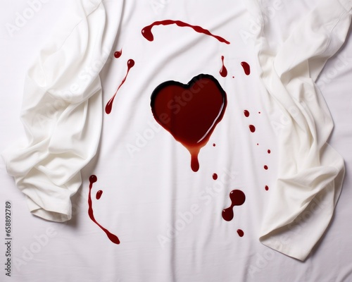 a heart shaped red liquid on a white sheet