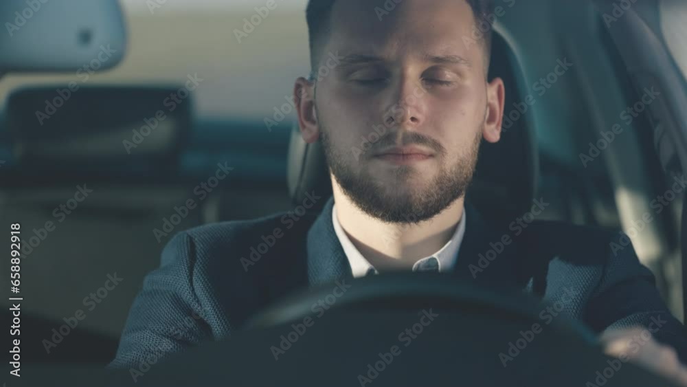 Tired man driving on highway, eyes closes drop and falls asleep behind wheel, loses focus, suddenly opens eyes and resumes car's movement