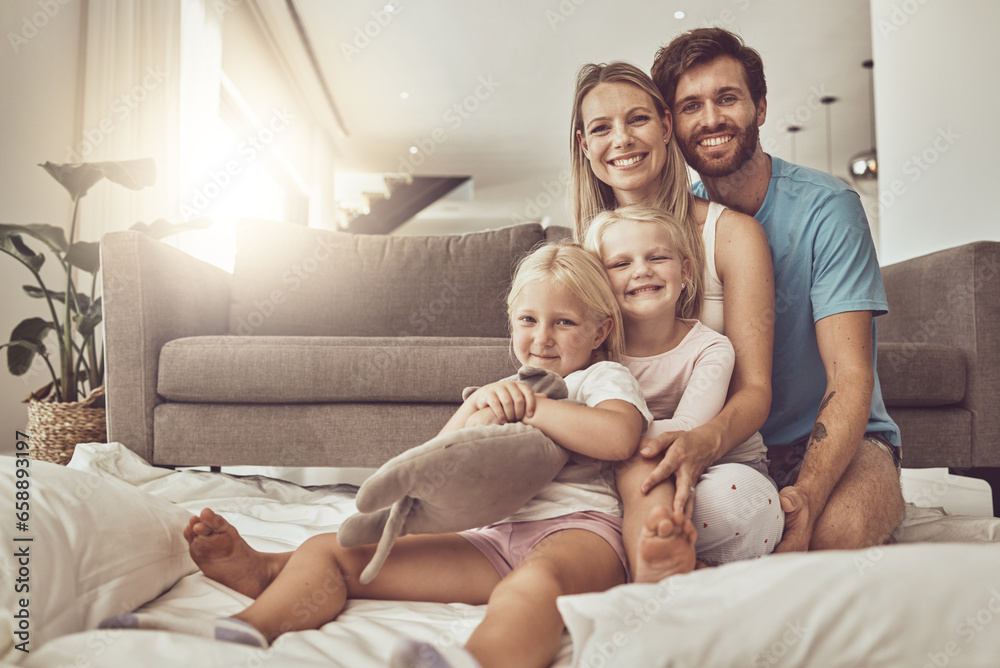 Happy family, portrait and hug on living room floor for weekend, holiday or relax together at home. Mother, father and children smile in happiness or love for embrace, fun bonding or support in house
