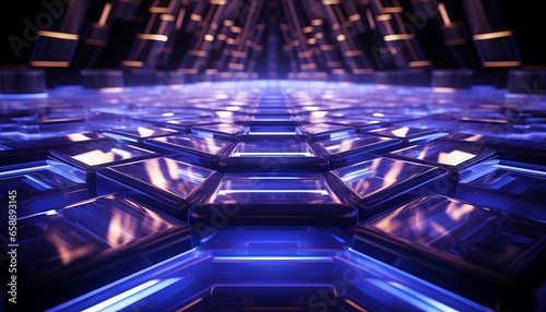 Ultraviolet neon light tunnel with hexagon frames and a hexagonal portal at the end © Nob
