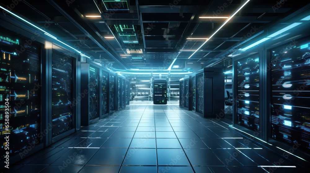 Server room in a modern office of a technology company. Development of a quantum computer. Science, technology, big data and blockchain concept. Server room in a modern office of a technology company. Development of a quantum computer. Science, technology, big data and blockchain concept.