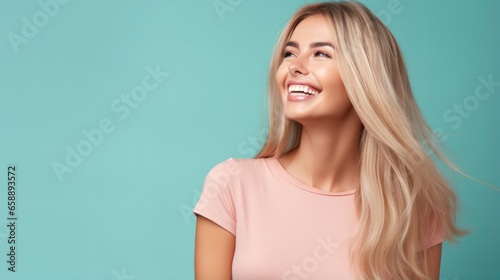 Confident mature woman in casual clothing with copy space. Beautiful positive businesswoman standing against blue background