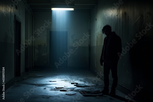 Depressed man sits in a dark corridor  allowing his sadness to overflow generative ai