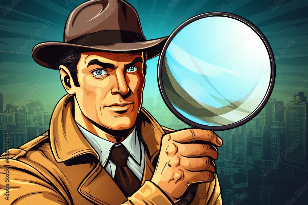 The determined face of a detective holding a magnifying glass, looking at the camera generative ai - obrazy, fototapety, plakaty 