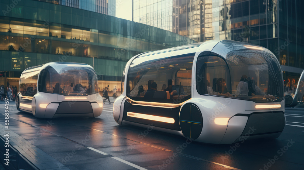 Fototapeta premium People ride in a self-driving car controlled by an artificial intelligence autopilot. Future technologies, internet of things and smart devices concept.
