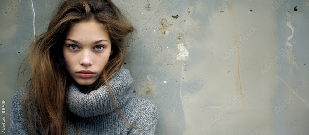 Fototapeta premium Urban girl leaning on concrete wall in a captivating cross processed image With copyspace for text