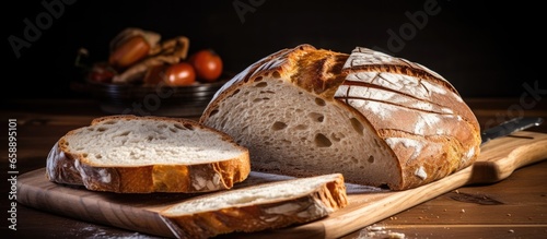 Close up of sliced sourdough bread on a wooden board With copyspace for text photo