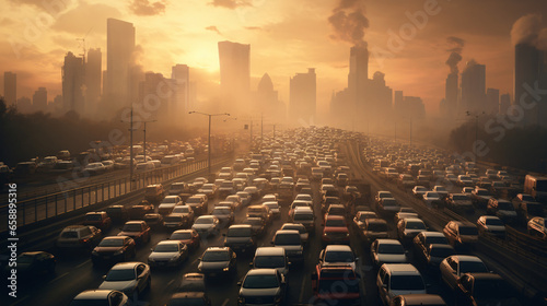 Traffic jam in the city at sunset