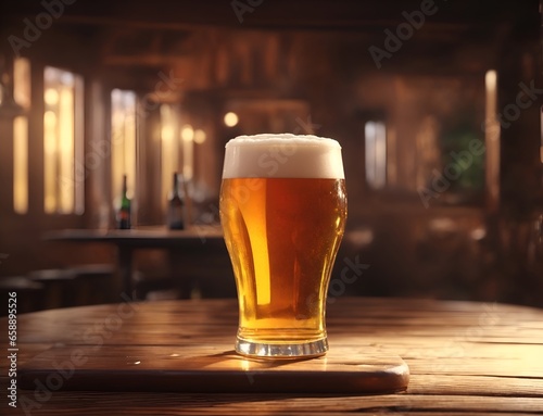 Cold glass of beer on wooden table in a bar