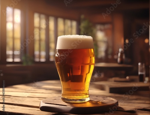 Cold glass of beer on wooden table in a bar