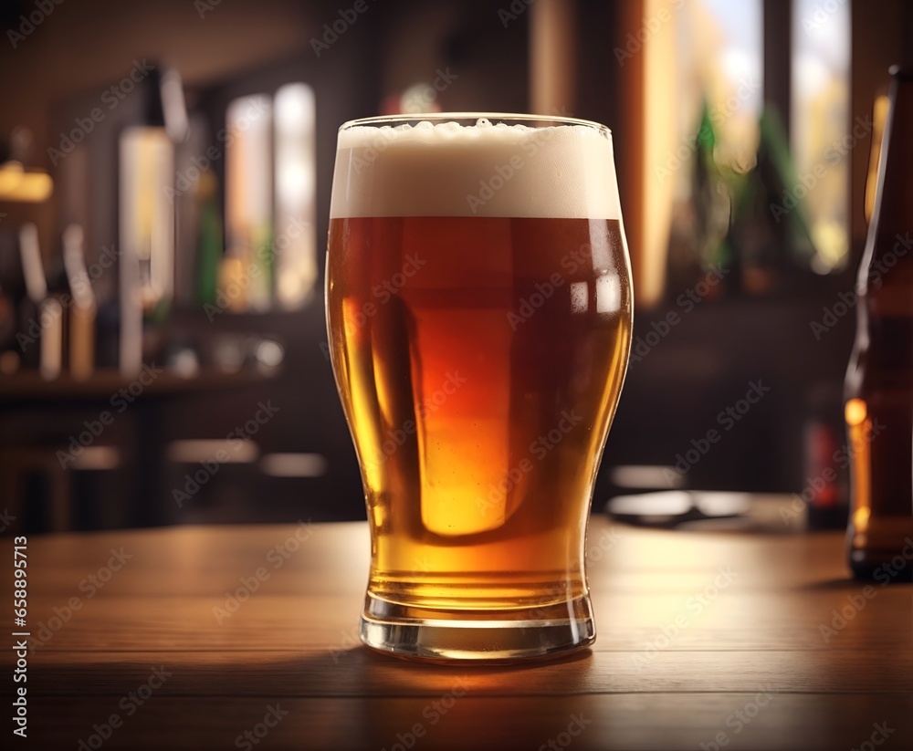 Cold glass of beer on wooden table in a bar Cold glass of beer on wooden table in a bar