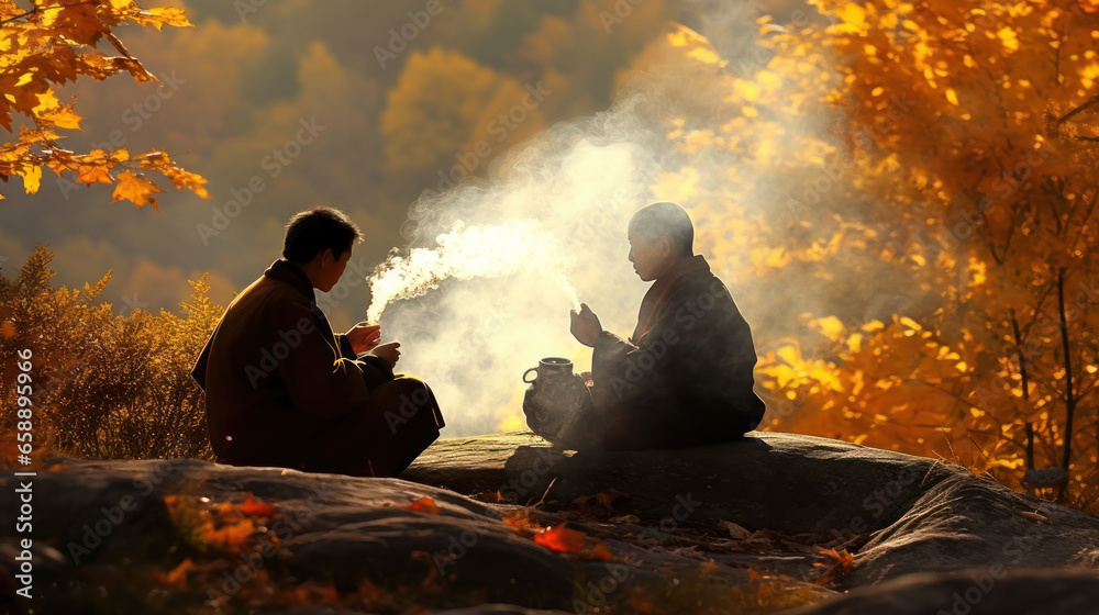 old and young monk communicate against the backdrop of nature, religious education, mentoring