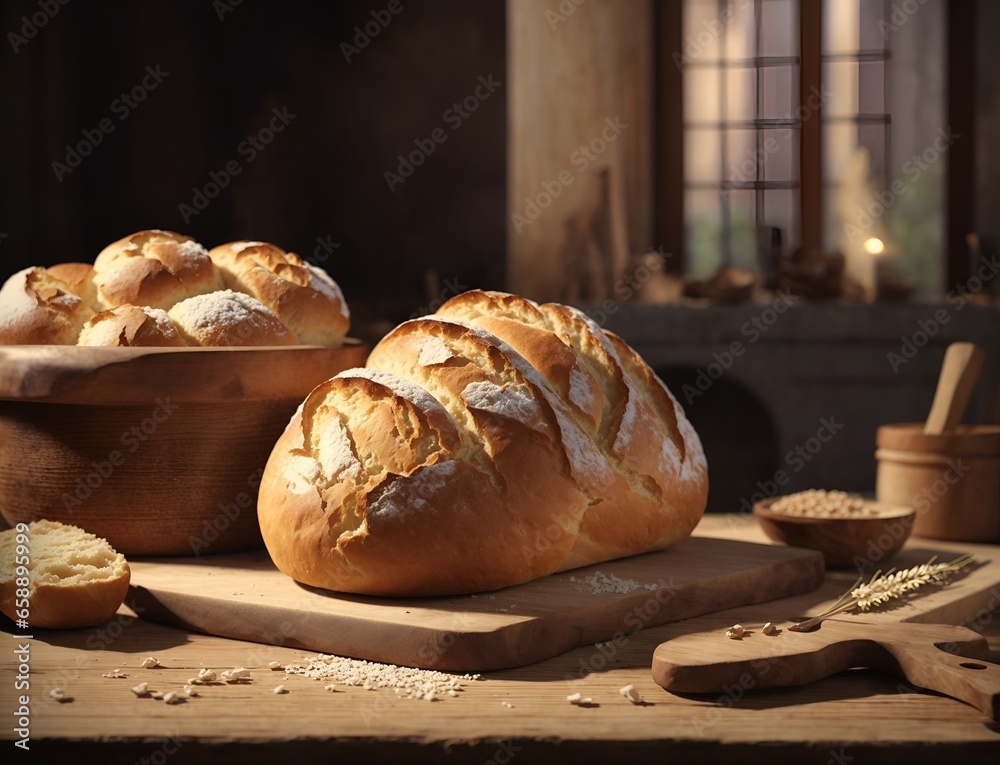 Homemade loaves of bread with wheat on wooden cutting board in the kitchen Homemade loaves of bread with wheat on wooden cutting board in the kitchen