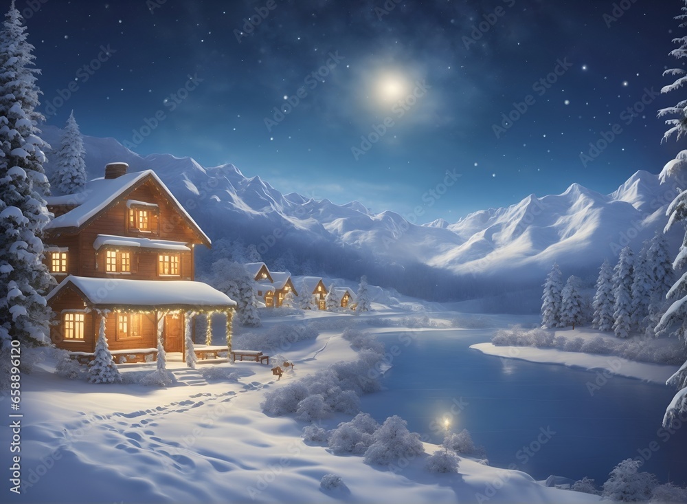 Winter landscape village with falling Christmas snow, cozy cabins, snow mountains, and pine trees under the moonlit light
