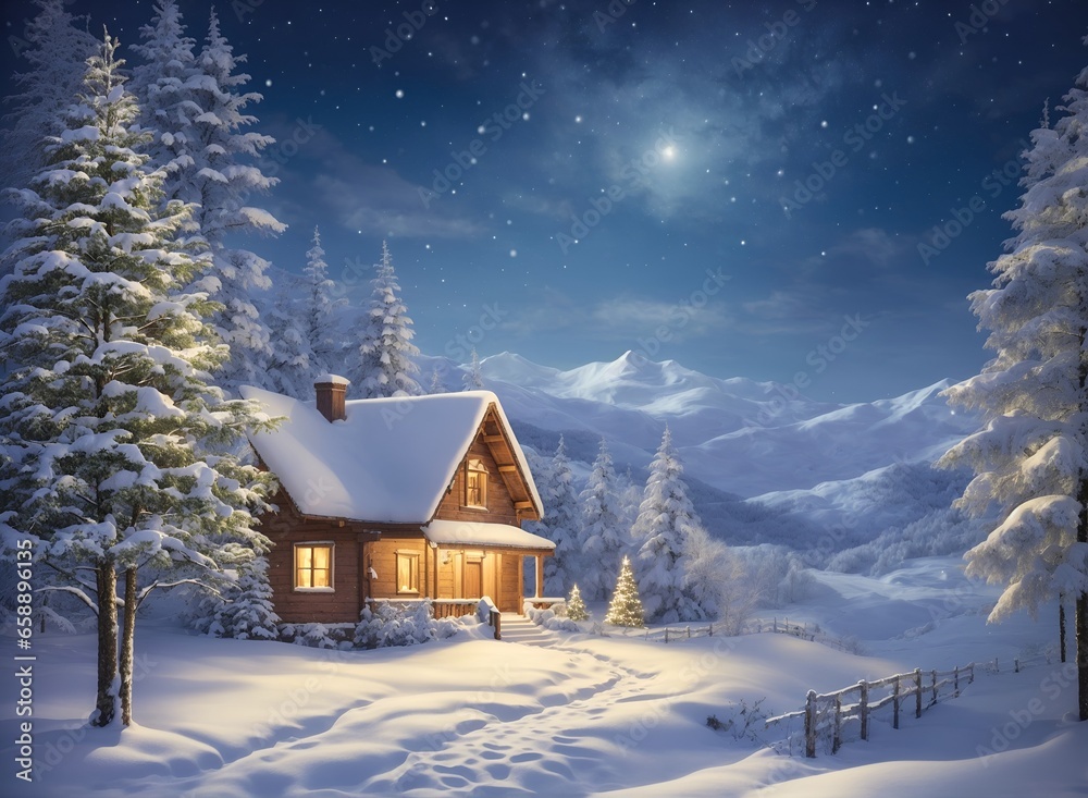 Winter landscape village with falling Christmas snow, cozy cabins, snow mountains, and pine trees under the moonlit light