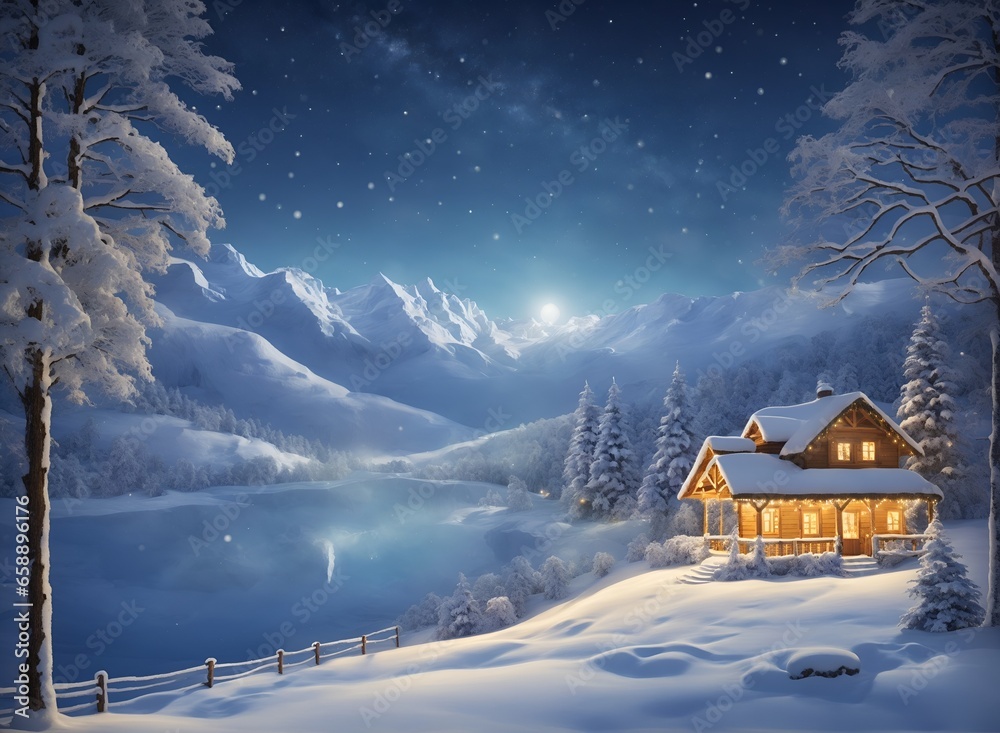 Winter landscape village with falling Christmas snow, cozy cabins, snow ...