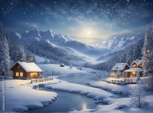 Winter landscape village with falling Christmas snow, cozy cabins, snow mountains, and pine trees under the moonlit light © Leohoho