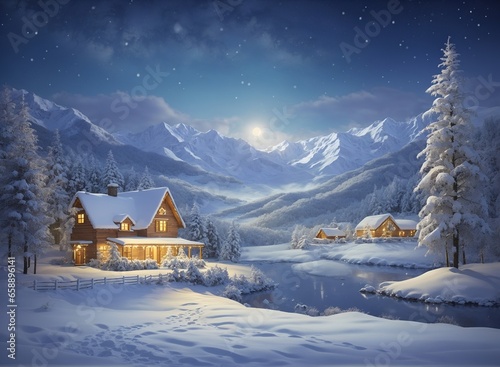 Winter landscape village with falling Christmas snow, cozy cabins, snow mountains, and pine trees under the moonlit light