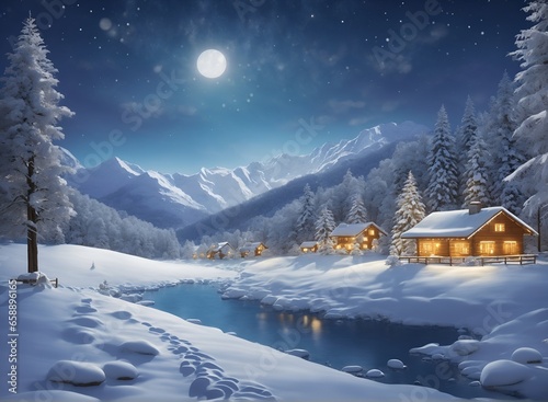 Winter landscape village with falling Christmas snow, cozy cabins, snow mountains, and pine trees under the moonlit light © Leohoho