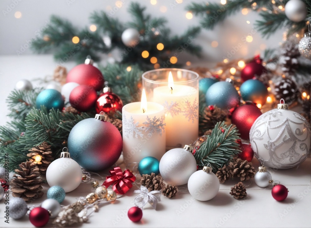 Christmas and Happy New Year banner with festive decorations on white background flatlay Christmas and Happy New Year banner with festive decorations on white background flatlay