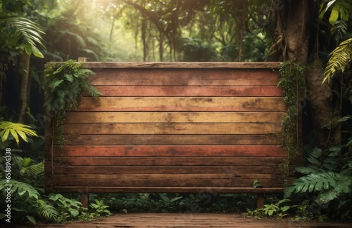 Empty wooden signboard in the jungle forest, wooden planks with copy space photo