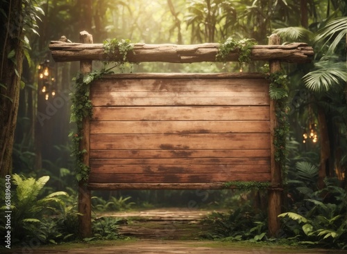 Empty wooden signboard in the jungle forest, wooden planks with copy space photo