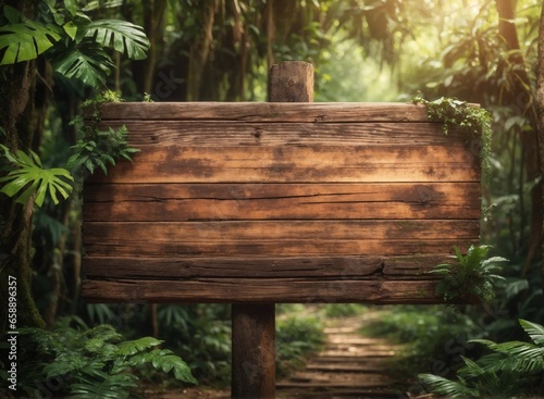 Empty wooden signboard in the jungle forest, wooden planks with copy space