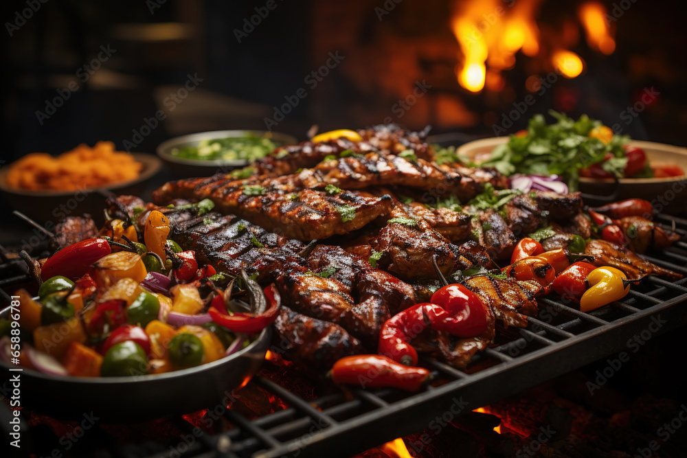 Delicious beef barbecue on a flaming grill, Meats, Vegetables sizzling cooking on the BBQ Rack. kitchen, barbecue party background
