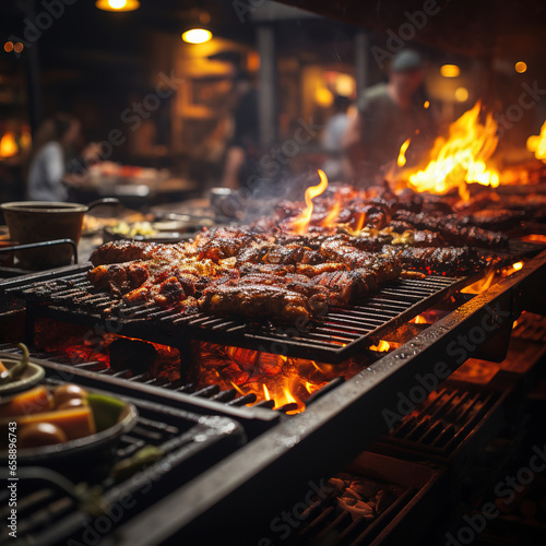 Delicious beef barbecue on a flaming grill, Meats, Vegetables sizzling cooking on the BBQ Rack. kitchen, barbecue party background