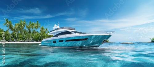 A lavish yacht sailing through a tropical sea creating a wave With copyspace for text © 2rogan