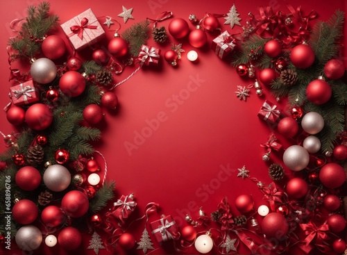 Christmas and Happy New Year banner with festive decorations on red background flat lay