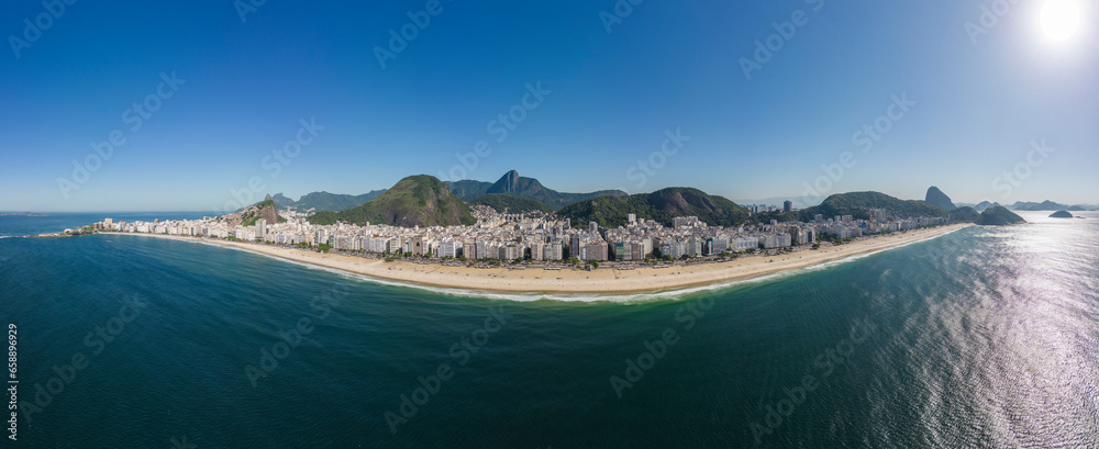 Beautiful aerial pano view to Copacabana city buildings and mountains