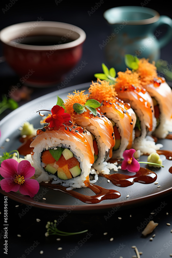 A plate of vegetable sushi rolls, made with rice, vegetables, seaweed, and salmon, is a delicious and traditional Japanese dish made with fresh ingredients.
