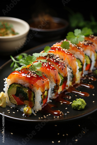 A plate of vegetable sushi rolls, made with rice, vegetables, seaweed, and salmon, is a delicious and traditional Japanese dish made with fresh ingredients.