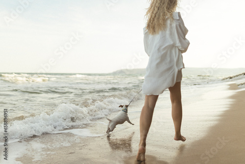 Dog at the beach,Side view of terrier running in sea