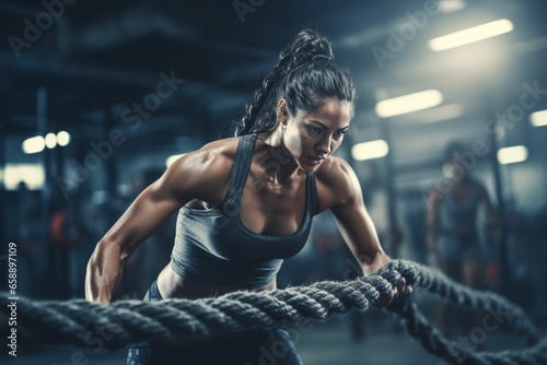 asain woman with battle rope battle ropes photo