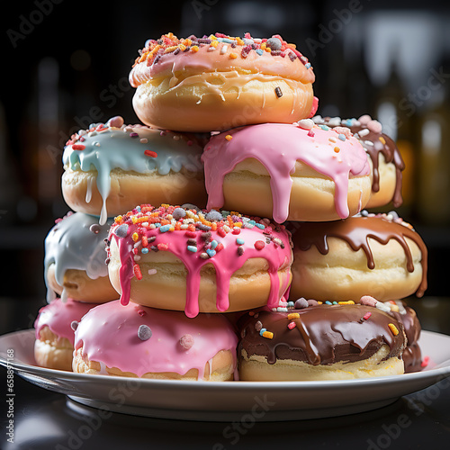 A plate of colorful donuts with different flavored creams and sprinkles