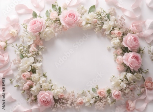 Top view of pink and white roses flowers with leaves frame on white background. Valentine’s or Wedding background, flat lay © Leohoho