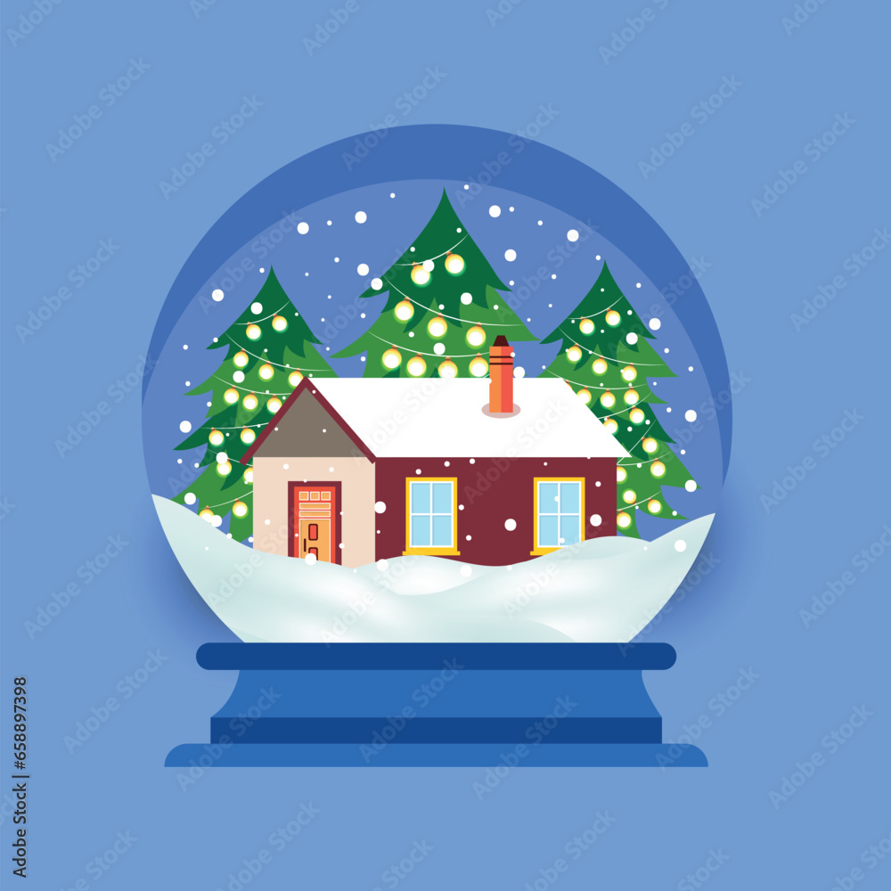 Winter snow globe. Christmas glass ball with house, trees, falling snowflakes.